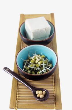 木托板特写素食料理豆腐豆芽高清图片