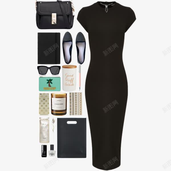 裙子套装搭配png免抠素材_新图网 https://ixintu.com 产品实物 墨镜 套装 女包 搭配 服装 连衣裙 鞋子 黑色