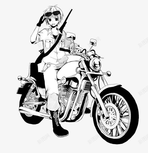 卡通手绘人物png免抠素材_新图网 https://ixintu.com 手绘 摩托车 黑白
