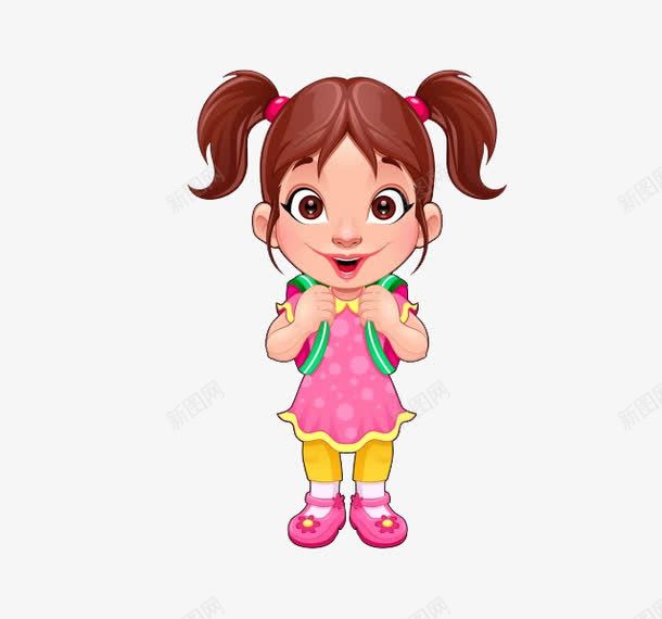 卡通可爱上学女童png免抠素材_新图网 https://ixintu.com 上学 书包 卡通 可爱 女童 小辫子 粉色 裙子