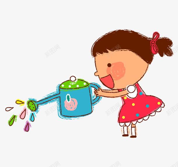 浇水的女孩png免抠素材_新图网 https://ixintu.com 卡通人物 卡通图案 卡通女孩 卡通水壶 卡通表情 红色 蓝色