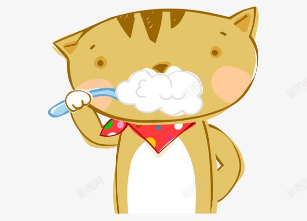 卡通手绘黄色可爱猫刷牙png免抠素材_新图网 https://ixintu.com 刷牙的猫 卡通的动物 手绘的猫 黄色的猫