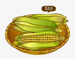 绿色筐子手绘玉米高清图片