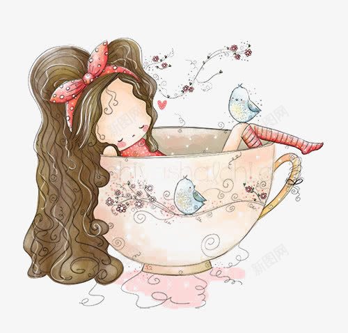 茶杯里的小女孩png免抠素材_新图网 https://ixintu.com 儿童 卡通女孩 卷发 童话 茶杯