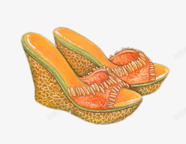 哈密瓜外形的创意高跟鞋png免抠素材_新图网 https://ixintu.com 创意 哈密瓜 橙黄色 鞋子 高跟鞋