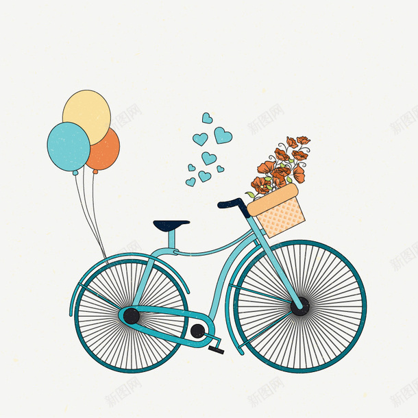 蓝色手绘自行车png免抠素材_新图网 https://ixintu.com 单车 卡通自行车 气球 爱心 自行车 花朵 蓝色