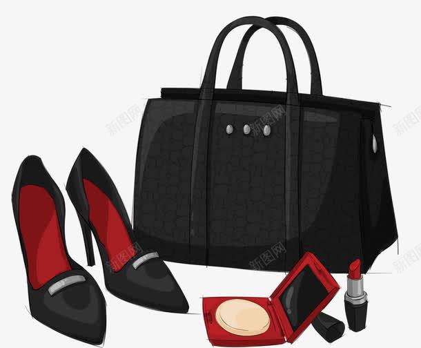 黑色手提包png免抠素材_新图网 https://ixintu.com 化妆品 手提包 手绘 鞋子 高跟鞋 黑色