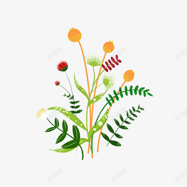 多植物花朵组合图png免抠素材_新图网 https://ixintu.com 红色朵儿 绿色叶片 装饰植物 黄色花朵