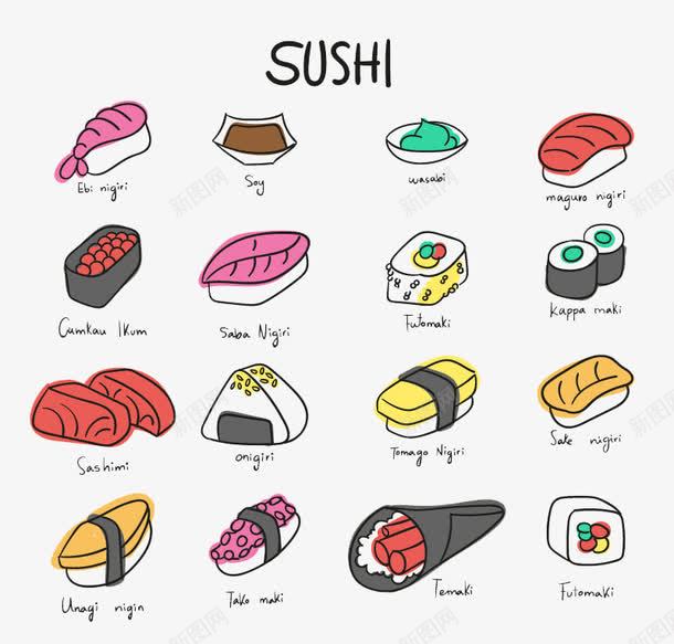 16款彩绘寿司图标png_新图网 https://ixintu.com sushi 三文鱼 寿司 寿司图标 彩绘