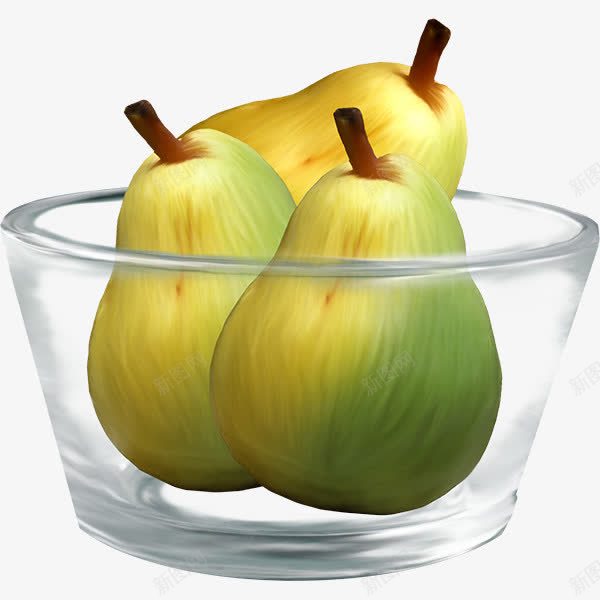 玻璃碗里的三个梨png免抠素材_新图网 https://ixintu.com 摆桌装饰 水果梨 玻璃碗 黄绿色果实