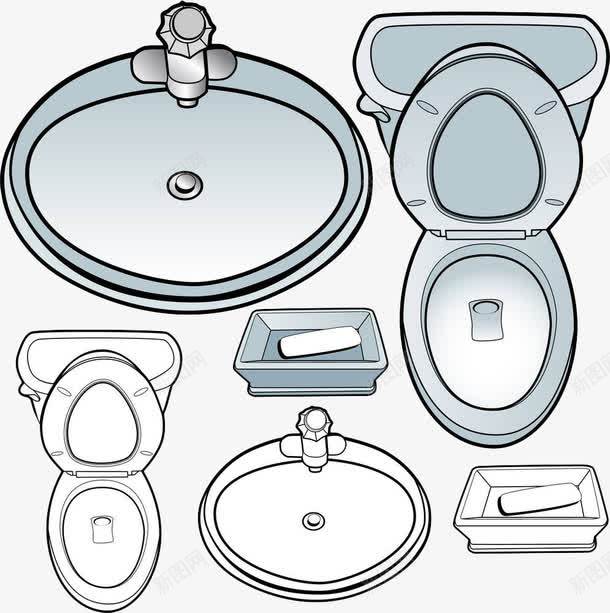 手绘洗浴室png免抠素材_新图网 https://ixintu.com 手绘 排水 排水口 洗浴 脸盆 马桶