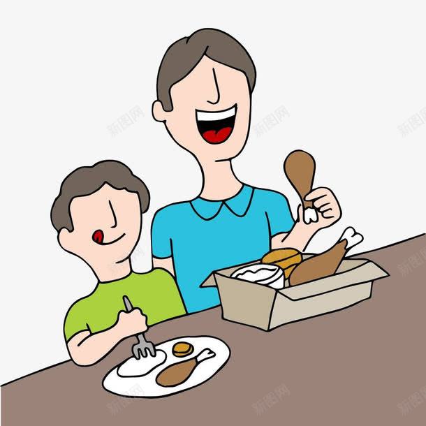 父子吃鸡腿png免抠素材_新图网 https://ixintu.com 卡通手绘 卤肉 卤鸡腿 吃的 肉 食物 鸡肉 鸡腿