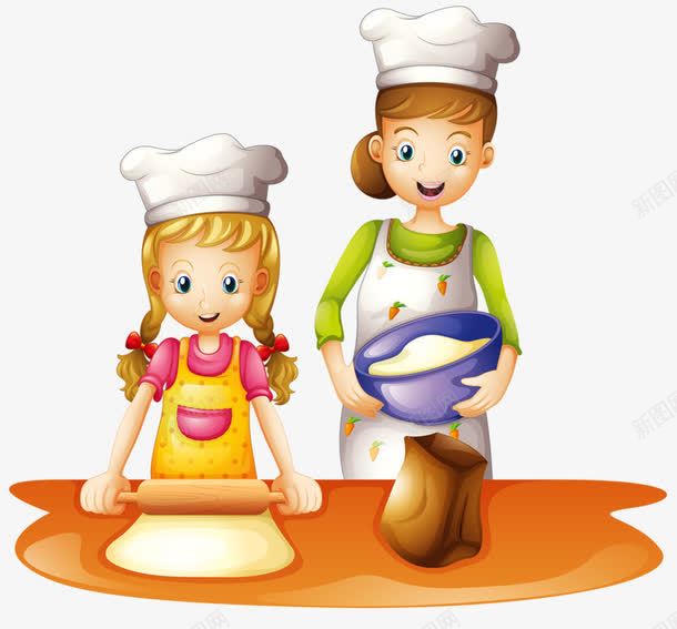 擀面的母女png免抠素材_新图网 https://ixintu.com 厨师帽 擀面杖 面粉 食物