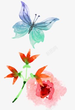 手绘水墨花朵与蝴蝶素材