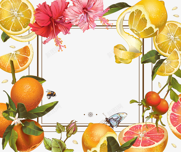 水果边框矢量图ai免抠素材_新图网 https://ixintu.com 橙子 水果 花朵 边框 矢量图