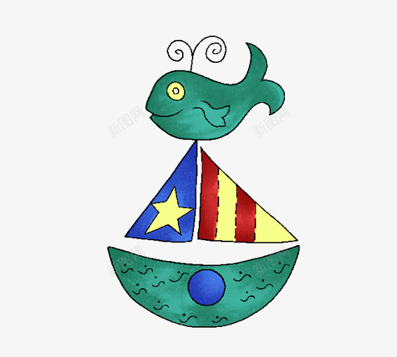 创意鲨鱼和游艇png免抠素材_新图网 https://ixintu.com 创意卡通小动物 动物 卡通动物 卡通游艇 卡通鲨鱼 绿色