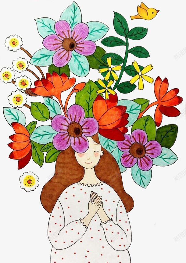 创意头上长花朵的女孩插画psd免抠素材_新图网 https://ixintu.com 创意 女孩 插画 花朵 花朵创意