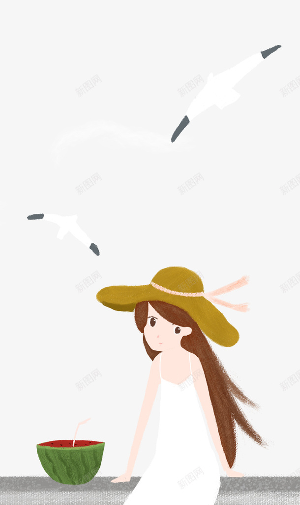 卡通手绘坐在海边的女孩psd免抠素材_新图网 https://ixintu.com 卡通 坐在海边的女孩 戴帽子的女孩 手绘 植物装饰