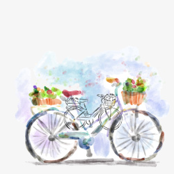 水彩绘装满鲜花的单车矢量图素材