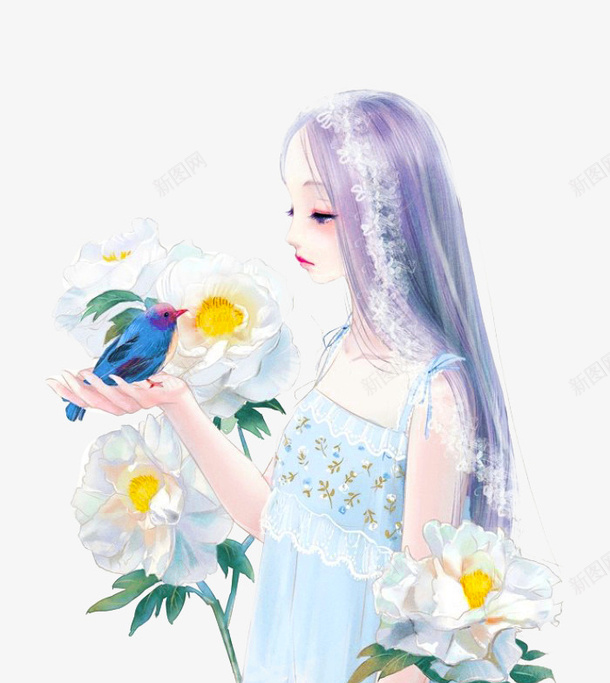 女孩和鸟png免抠素材_新图网 https://ixintu.com png图形 png装饰 人 花朵 装饰 鸟