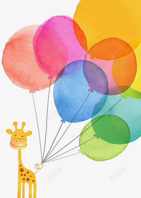 手绘长颈鹿与气球png免抠素材_新图网 https://ixintu.com 动物素材 卡通元素 彩色气球 长颈鹿
