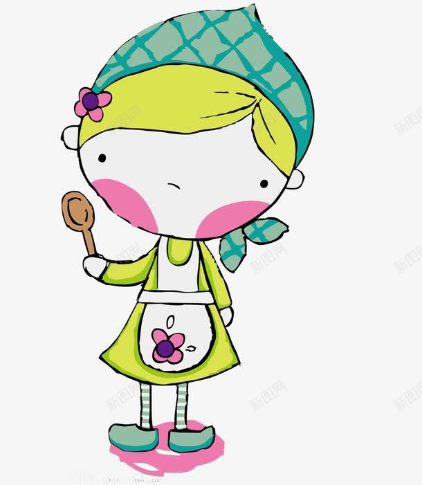 女孩的烦恼png免抠素材_新图网 https://ixintu.com 勺子 卡通 厨师 头巾 绘画