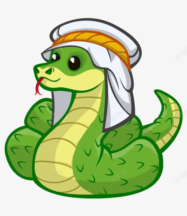 卡通手绘绿色可爱戴阿拉伯头饰蛇png免抠素材_新图网 https://ixintu.com 卡通的动物 可爱的蛇 戴阿拉伯头饰的蛇 手绘的蛇 绿色的蛇