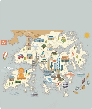 手绘矢量旅游香港景点地图香港岛海报背景背景