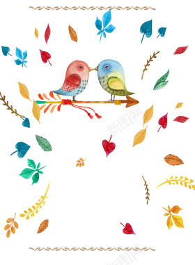 手绘水彩秋叶与情侣鸟矢量背景背景