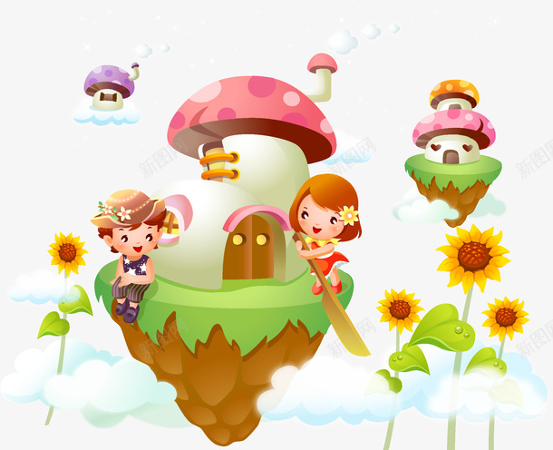 云端上的小女孩png免抠素材_新图网 https://ixintu.com 卡通 太阳花 小女孩 手绘 蘑菇房子