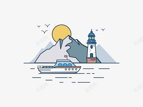 日落的灯塔png免抠素材_新图网 https://ixintu.com 小船 插图 日落 灯塔