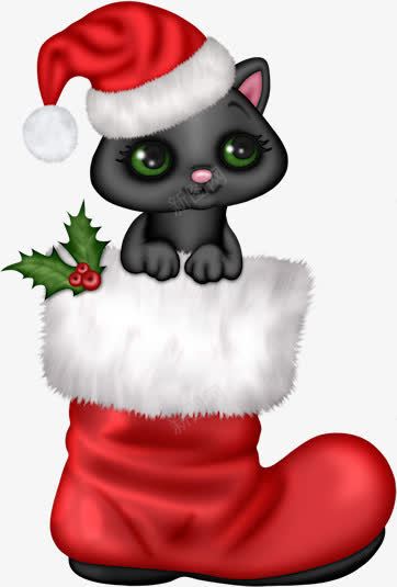 卡通圣诞黑猫png免抠素材_新图网 https://ixintu.com 卡通手绘 圣诞装饰 红色圣诞帽 红色毛靴子 黑猫