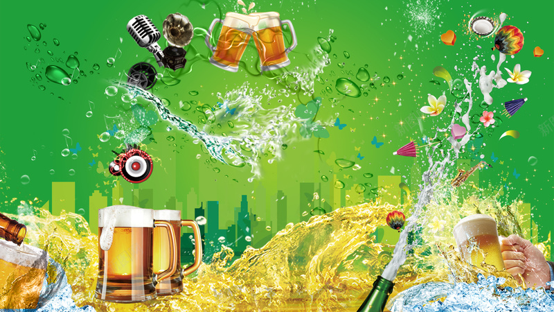 啤酒音乐节海报展板背景psd设计背景_新图网 https://ixintu.com 啤酒 啤酒音乐节海报展板PSD 气泡音符 狂欢的人们 玻璃杯 绿色 酒瓶 飞溅的啤酒 麦克风