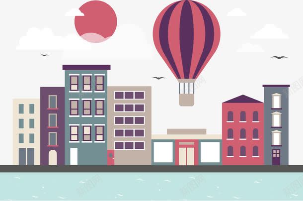 热气球飞过的城市png免抠素材_新图网 https://ixintu.com 城市 热气球 红色 蓝色