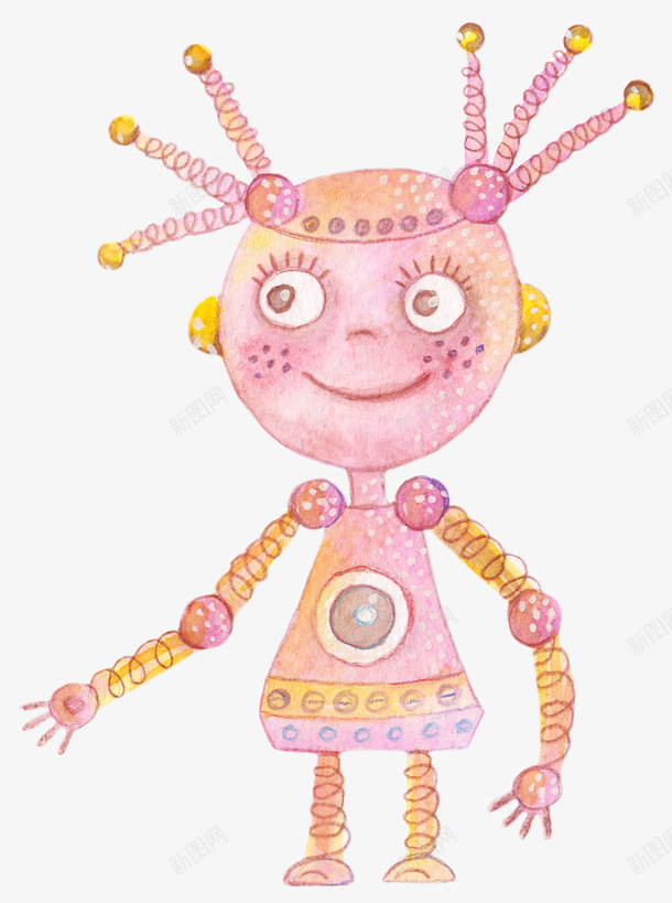 水彩粉色机器人女孩png免抠素材_新图网 https://ixintu.com 创意 可爱的 女孩 机器 机器人 水彩 辫子