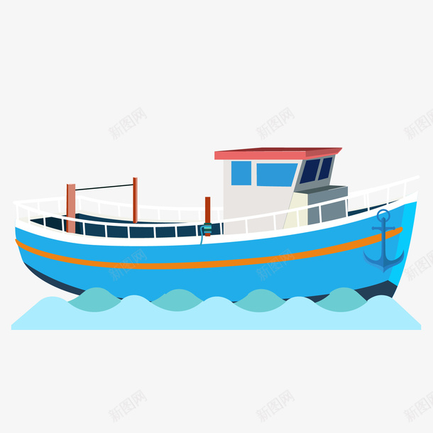 卡通蓝色轮船png免抠素材_新图网 https://ixintu.com 卡通轮船 背景装饰 蓝色海面 蓝色轮船