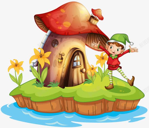 卡通蘑菇屋png免抠素材_新图网 https://ixintu.com 卡通人物 在岛上的屋子 小女孩 蘑菇屋