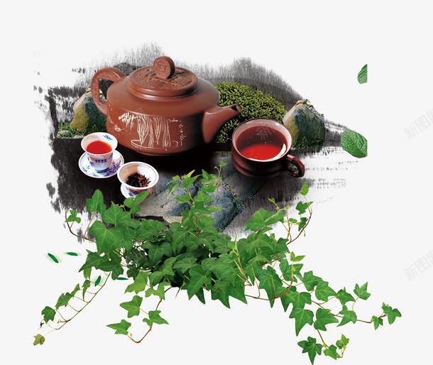 茶具png免抠素材_新图网 https://ixintu.com 中国风 绿叶 茶具 茶道