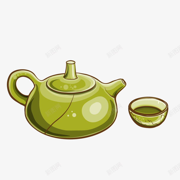 绿色茶壶茶杯png免抠素材_新图网 https://ixintu.com 卡通茶具 绿色茶具 绿色茶壶 茶杯