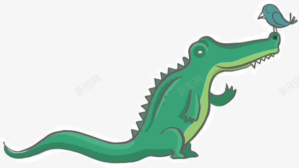 绿色鳄鱼png免抠素材_新图网 https://ixintu.com 卡通 小鸟 尖牙 手绘 爪子 绿色鳄鱼 长尾巴