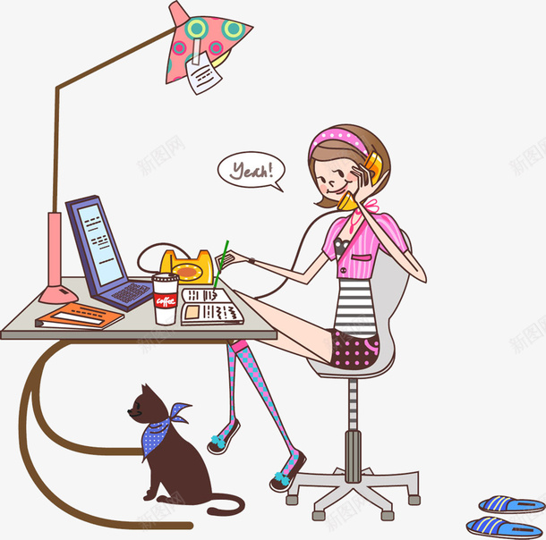 办公桌前打电话的美女手绘图png免抠素材_新图网 https://ixintu.com 办公桌 台灯 拨打电话 猫 的美女灯