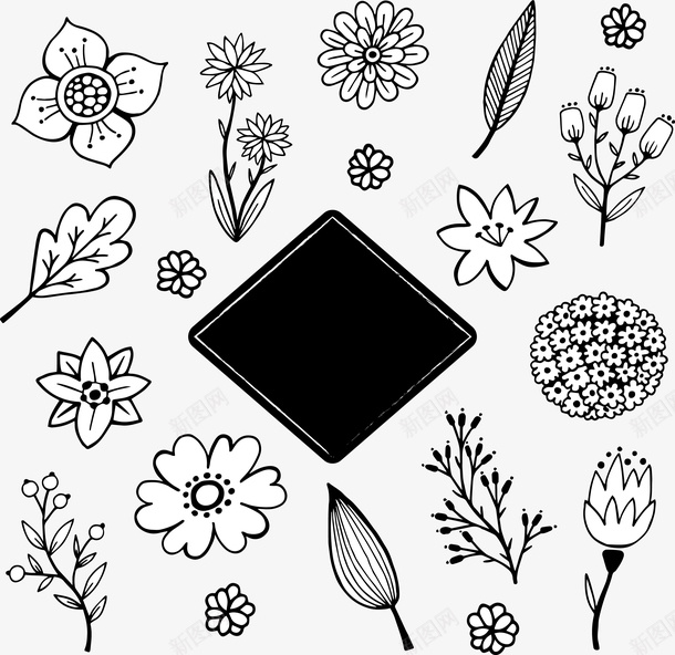 黑白花朵树叶装饰矢量图ai免抠素材_新图网 https://ixintu.com 树叶 花朵 装饰 黑白 矢量图