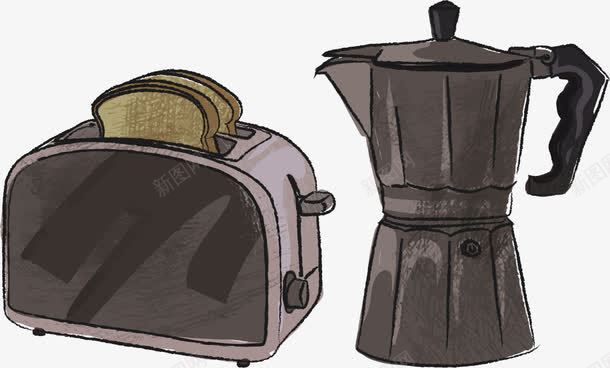 手绘多士炉和咖啡壶png免抠素材_新图网 https://ixintu.com 咖啡壶 多士炉 手冲壶 手绘 早餐 面包片