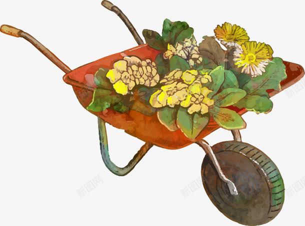 手绘独轮车png免抠素材_新图网 https://ixintu.com 园艺 工具 手绘 植物 水彩 独轮车 花朵
