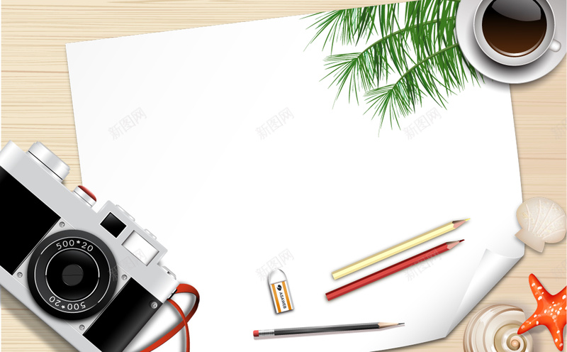 卡通相机纸张背景psd设计背景_新图网 https://ixintu.com 卡通 咖啡 手绘 椰树 相机 童趣 纸张 边框 铅笔
