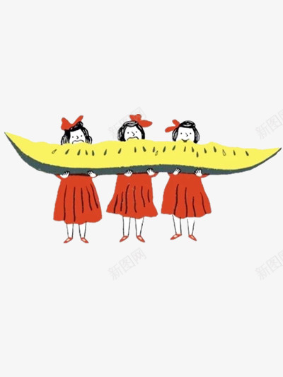 拿着长瓜的三个女孩png免抠素材_新图网 https://ixintu.com 人物 水果 红色 裙子