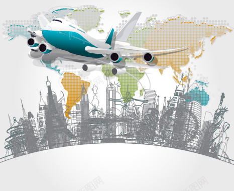 商业旅行飞机地图城市背景矢量图背景