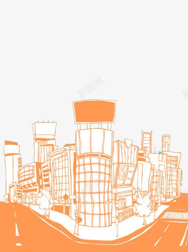 手绘城市建筑插画png免抠素材_新图网 https://ixintu.com 抽象 插画 橙色 漫画 线构 绘画