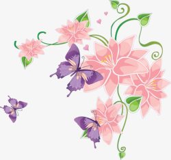 粉色手绘花朵蝴蝶素材