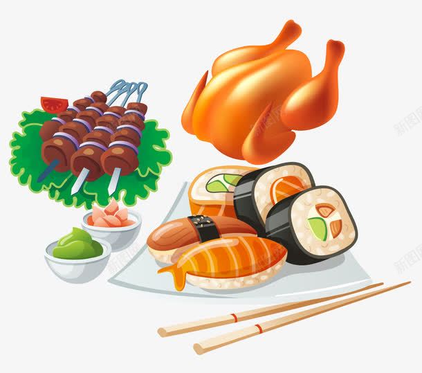 卡通美食png免抠素材_新图网 https://ixintu.com 卡通美食 寿司 烤串 烧烤 碗筷 美味 美食 食材 鸡肉